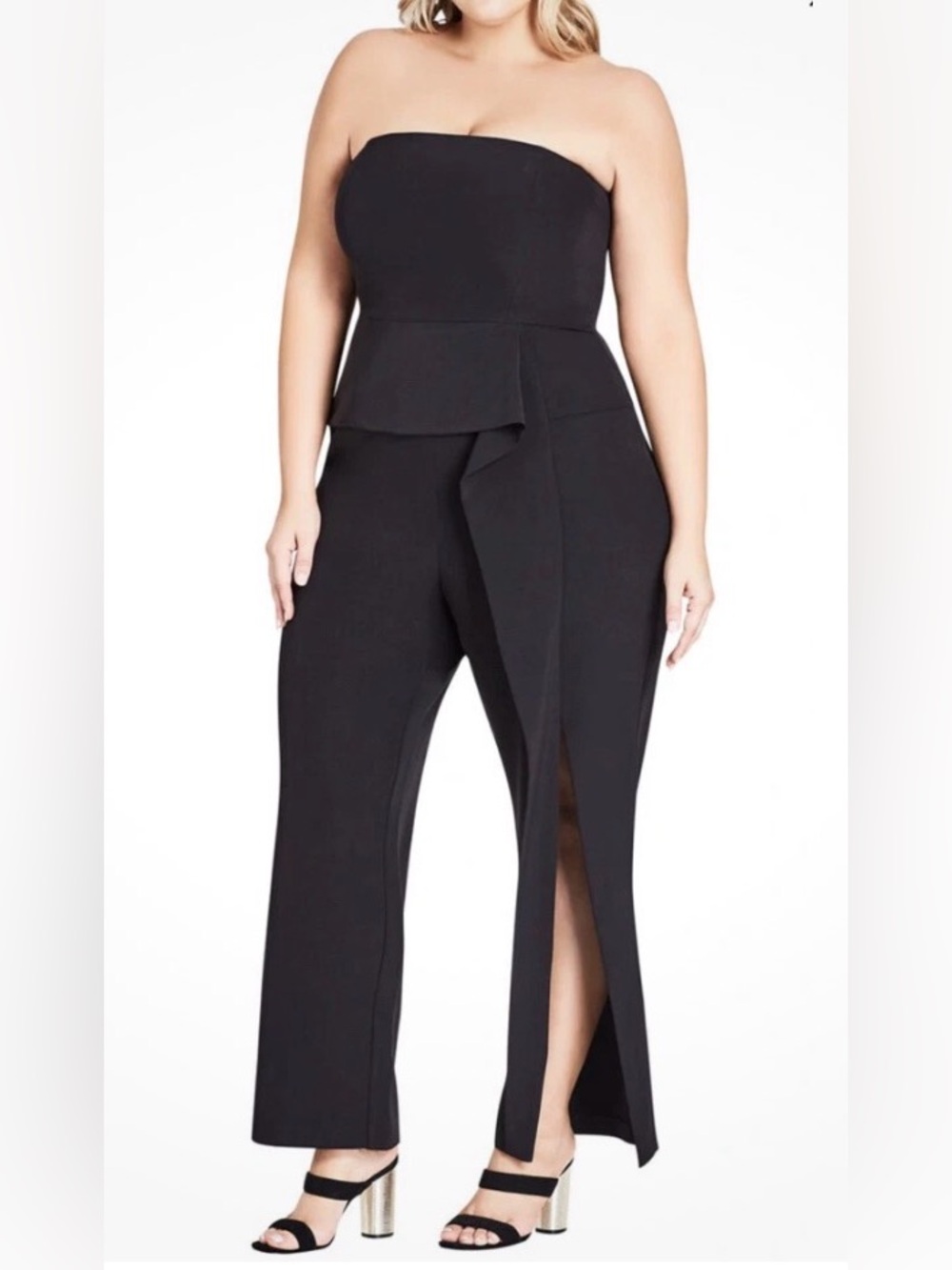City Chic Strapless Black Wide-Leg Jumpsuit with Front Slit